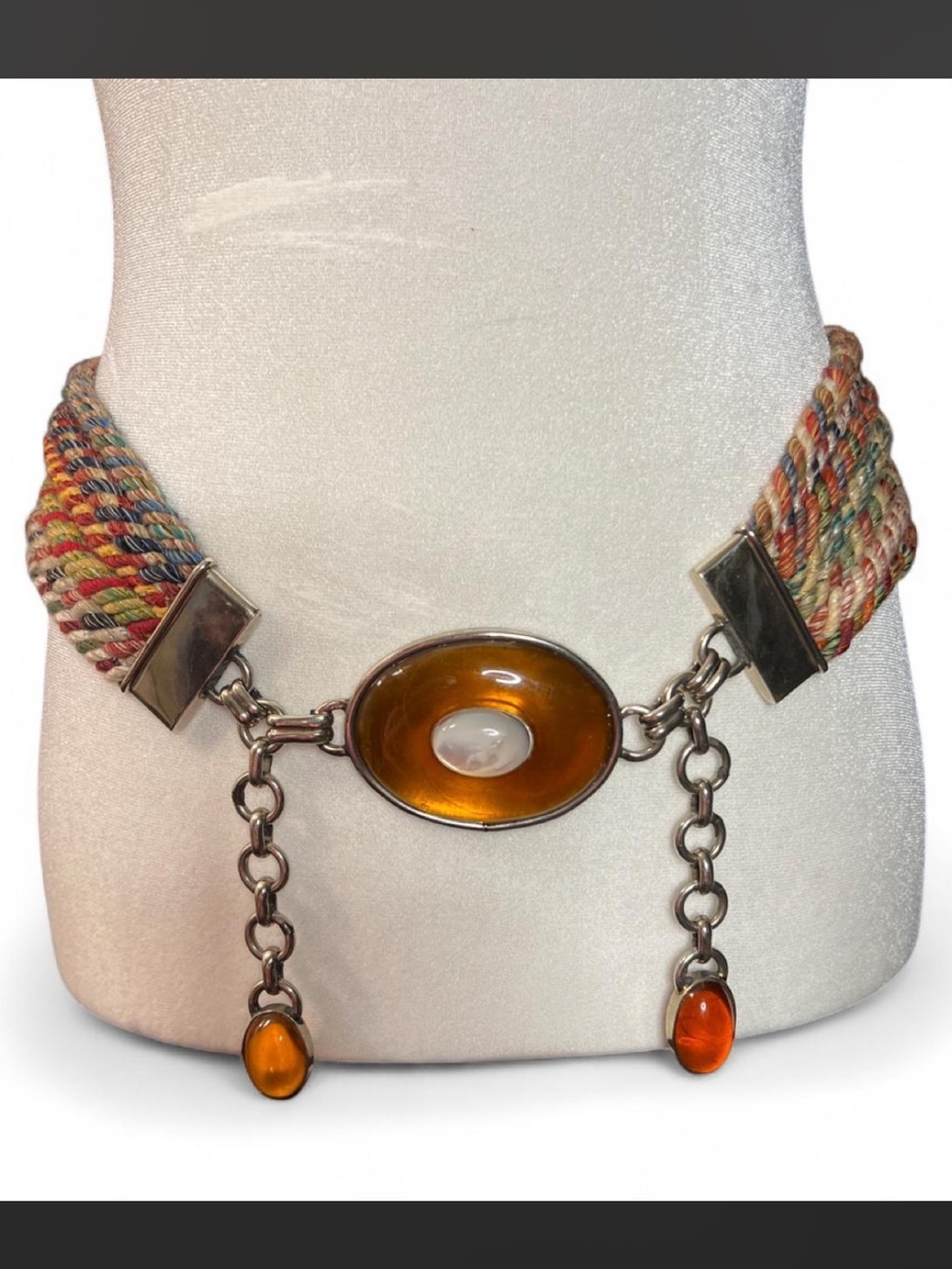 Vintage Perez Sanz Multicolor Rope Belt with Amber resin medallion